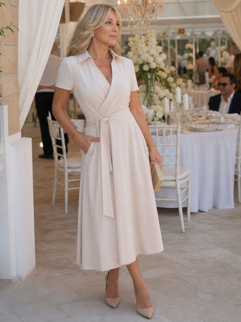 Kalndra | Short Sleeve Collared Wrap Waist Midi Dress