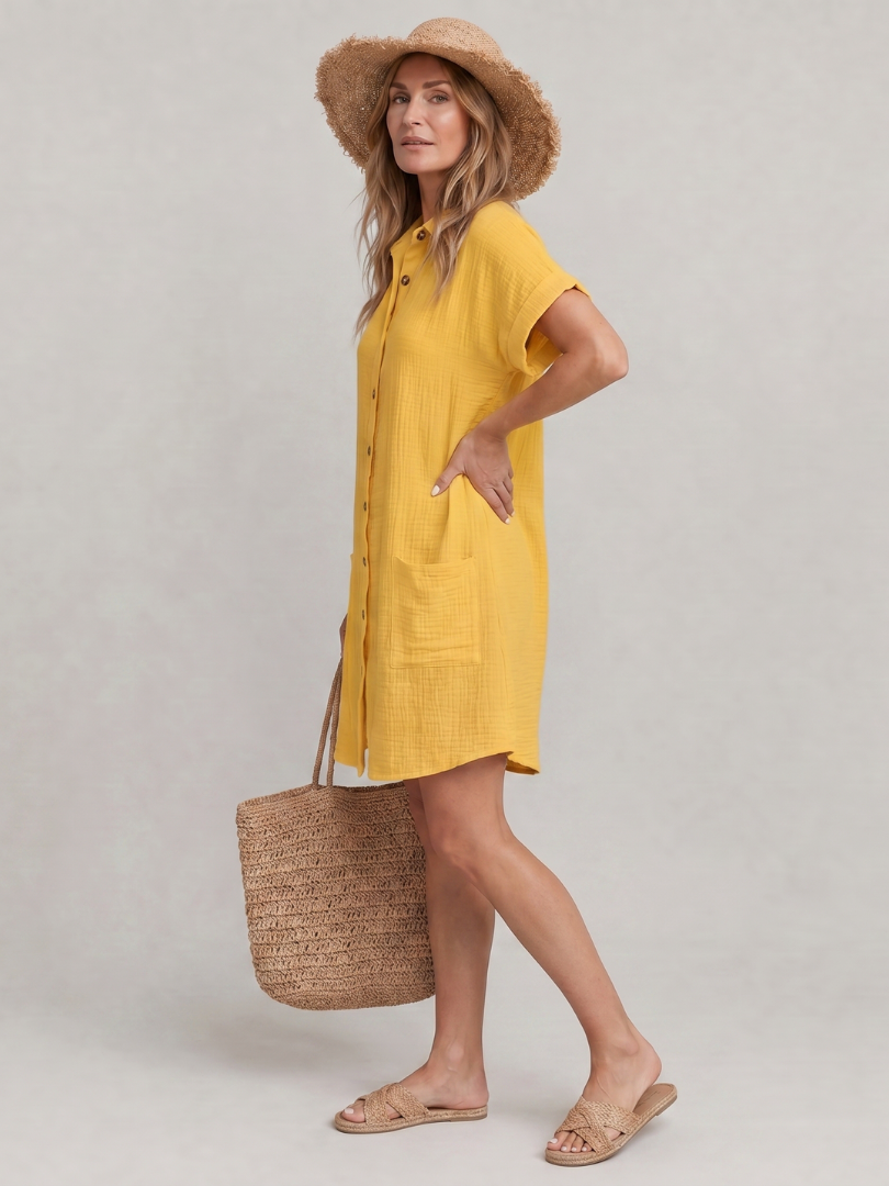 Briavia | Short Sleeve Front Pockets Knee Length Dress