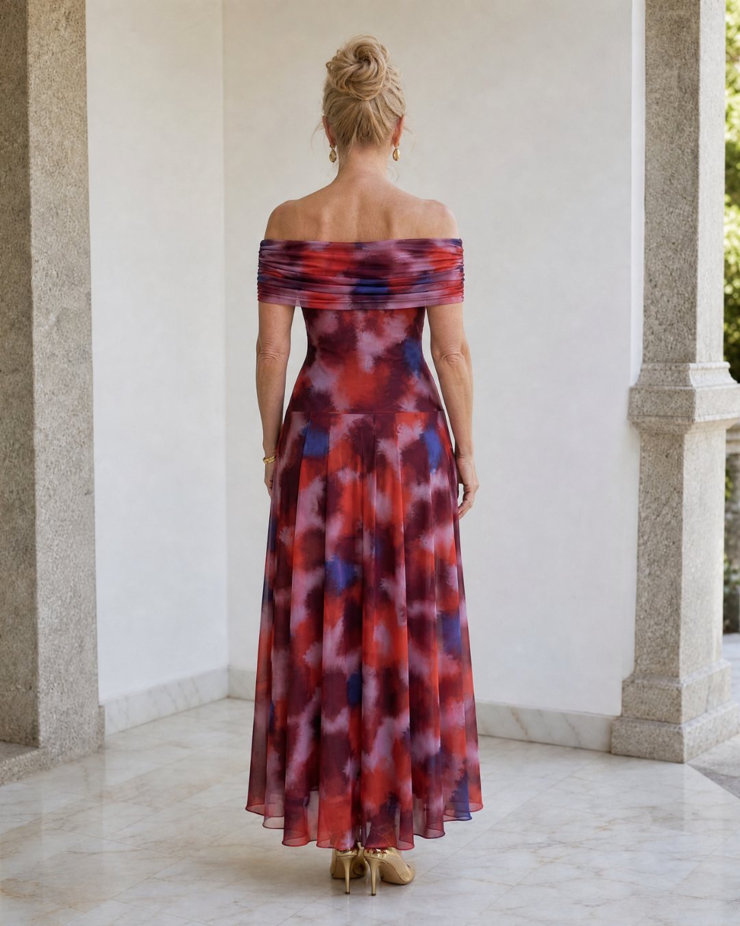 Sennia | Off Shoulder Watercolor Print Flowing Midi Dress