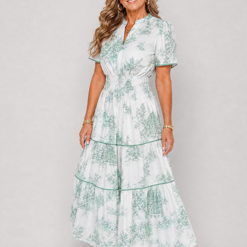 Fiobeth | Printed Short Sleeve Tiered Midi Dress