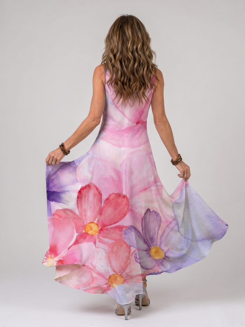 Orlasette | Watercolor Flower Sleeveless Flowing Midi Dress