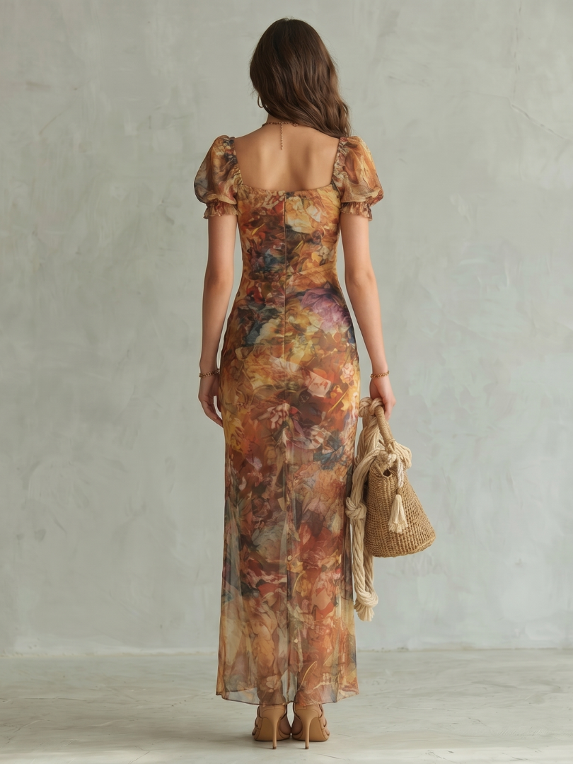 Talney | Ruffled Sleeve Ruched Slit Midi Dress