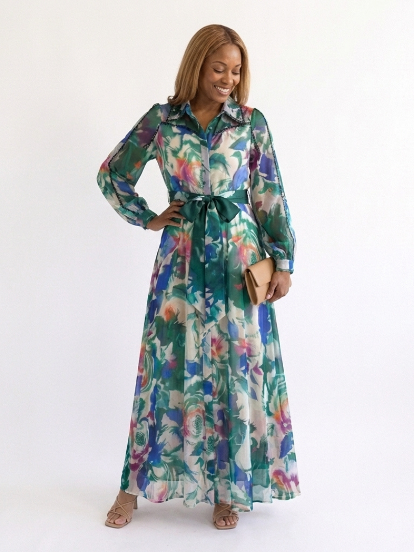 Camndra | Long Sleeve Printed Belted Maxi Dress