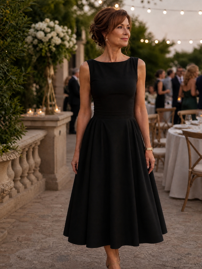 Rosmarie | Sleeveless Crew Neck Fitted Bodice Midi Dress