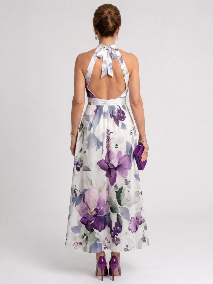 Teslia | Soft Bloom Halter Neck Flowing Midi Dress
