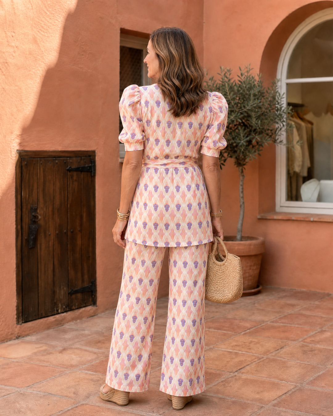 Tesrin | Printed Wrap Blouse And Flared Pants Set