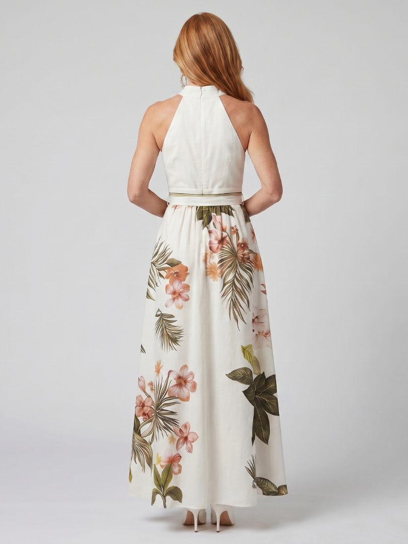Nilathea | Draped Halter Botanical Panel Maxi Dress