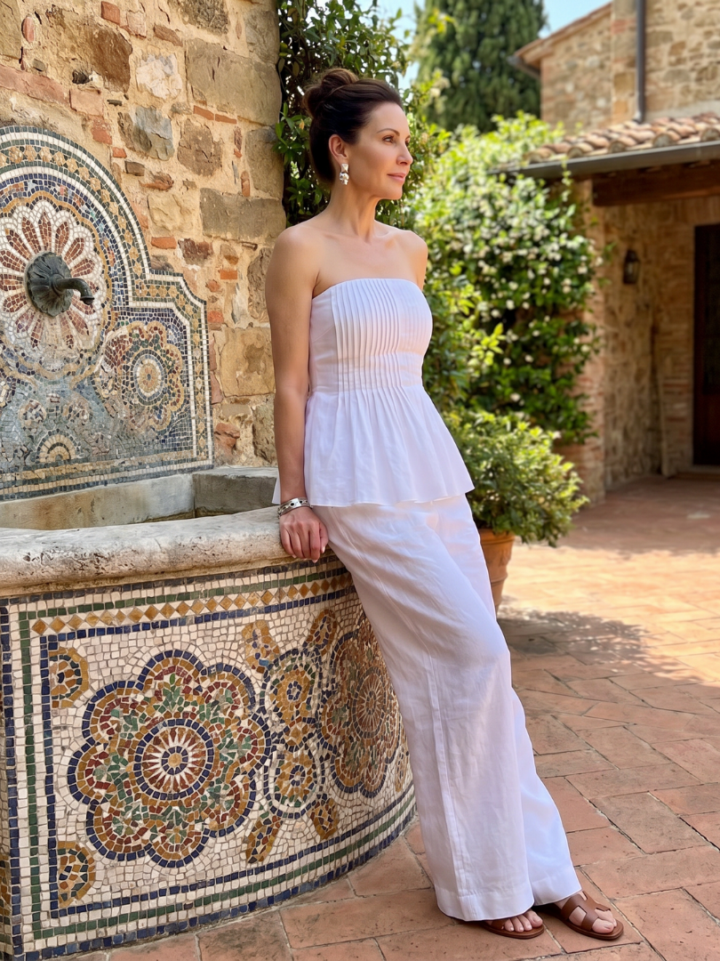 Romyina | Strapless Smocked Top And Wide Leg Pants Set