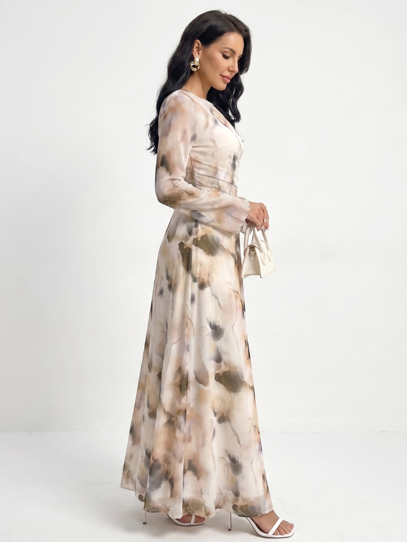 Kaldra | Long Sleeve Abstract Print Waist Maxi Dress