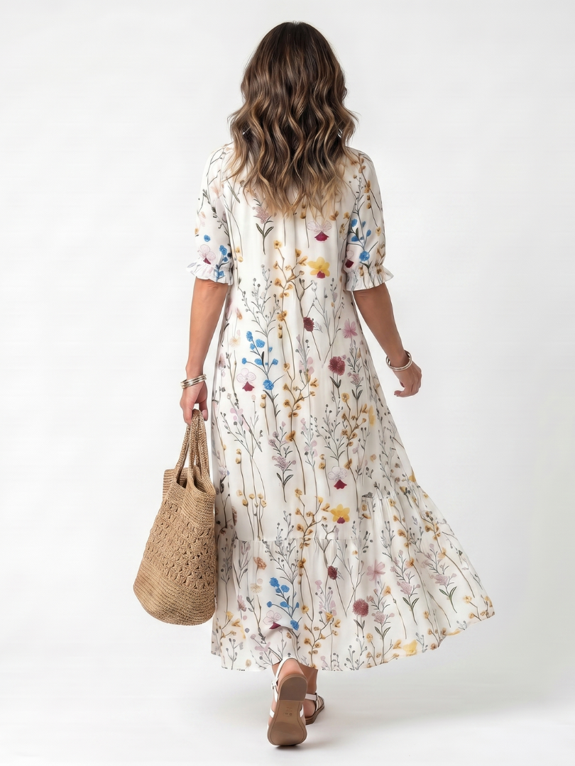 Magdamae | Botanical Print Tassel Tie Midi Dress