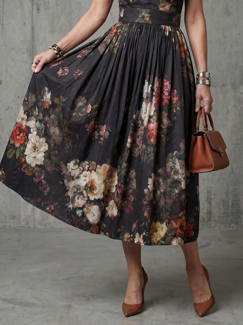 Serania | High Neck Keyhole Floral Pleated Midi Dress