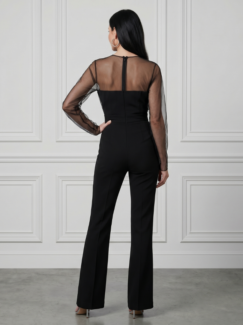 Thalette | Sheer Fitted Bodice Flared Leg Jumpsuit