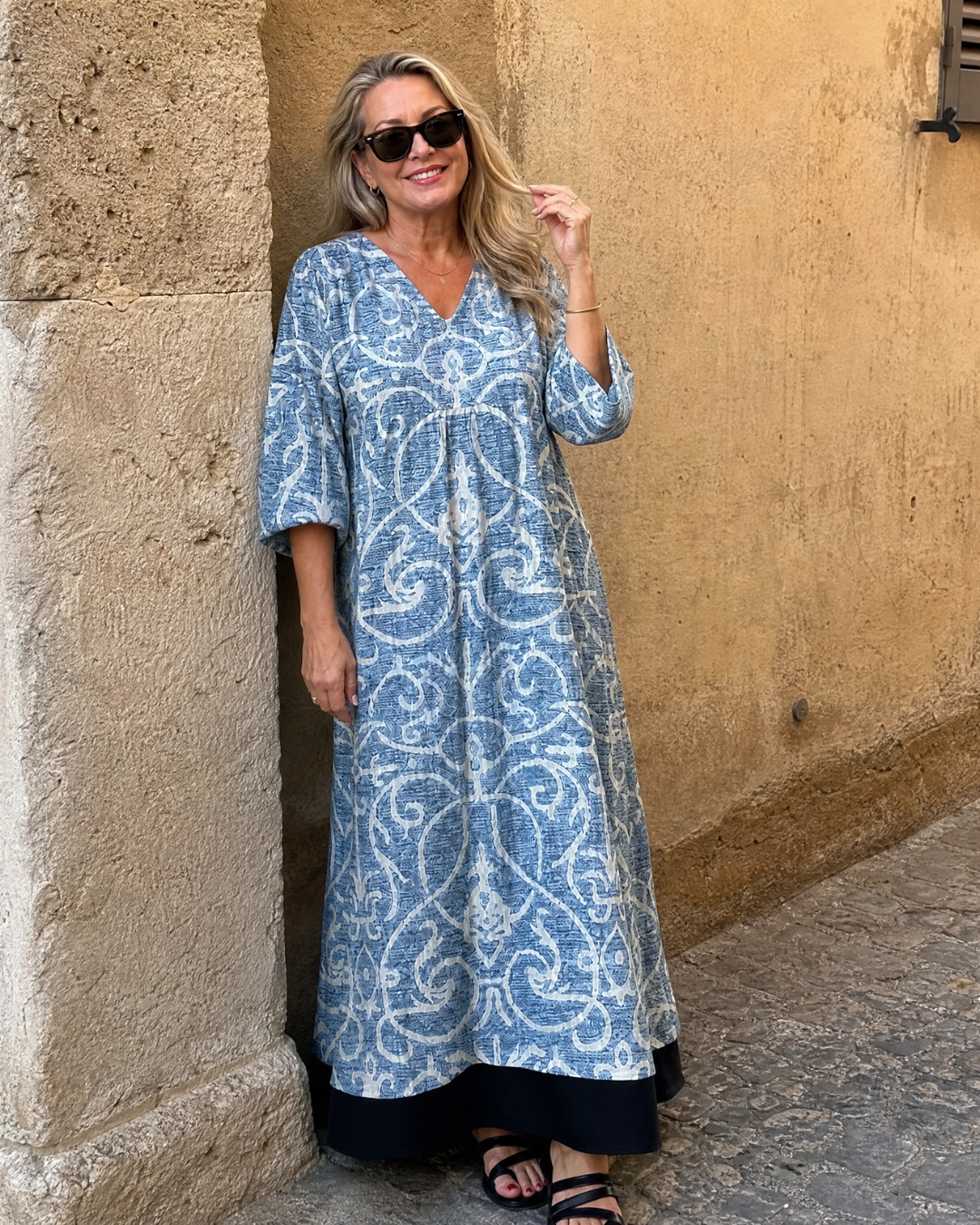 Verra | Vintage Scroll Print Soft Drape Midi Dress