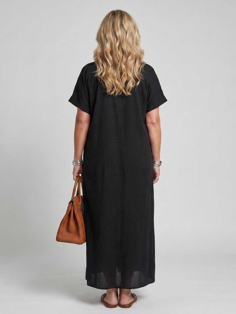 Kalthea | Short Sleeve V Neck  Embroidered Detail Midi Dress
