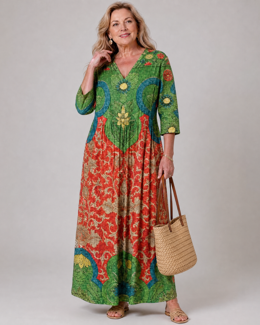 Tesra | Abstract Vintage Print Relaxed Three Quarter Sleeve Midi Dress
