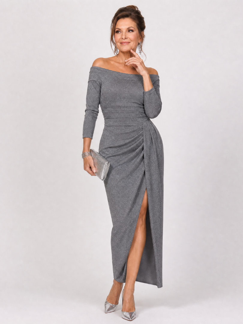 Taliabelle | Off Shoulder Ruched Slit Midi Dress