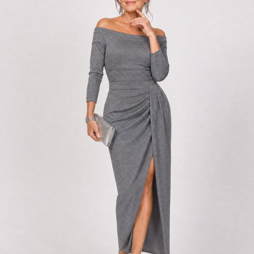 Taliabelle | Off Shoulder Ruched Slit Midi Dress