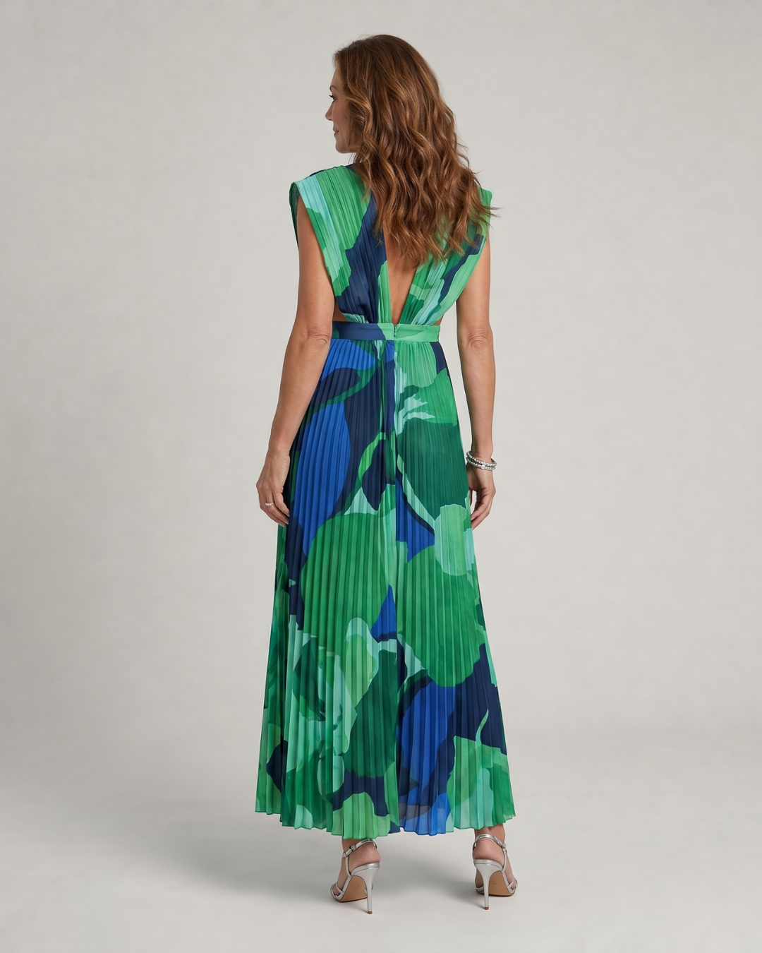 Jullyn | Abstract Pleated Cap Sleeve V Neck Midi Dress