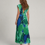 Jullyn | Abstract Pleated Cap Sleeve V Neck Midi Dress
