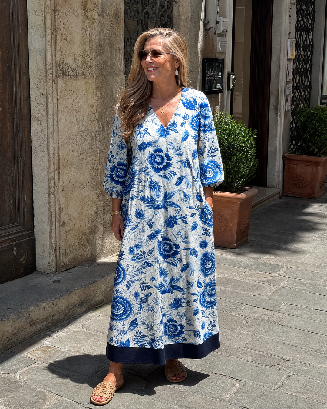 Sabina | Blue Porcelain Floral Pocket Detail Midi Dress