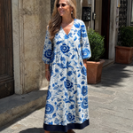 Sabina | Blue Porcelain Floral Pocket Detail Midi Dress