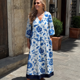 Sabina | Blue Porcelain Floral Pocket Detail Midi Dress