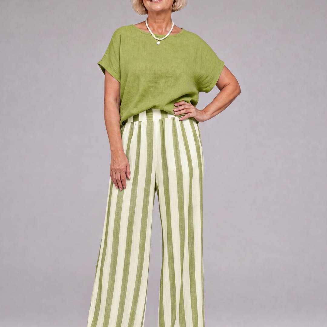 Magdara | Linen Blend Top And Striped Wide Leg Pants Set