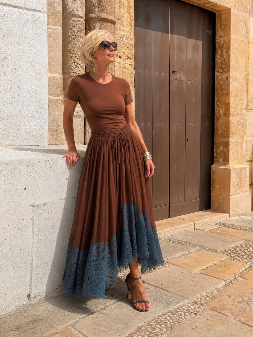 Romibelle | Short Sleeve Lace Hem Midi Dress