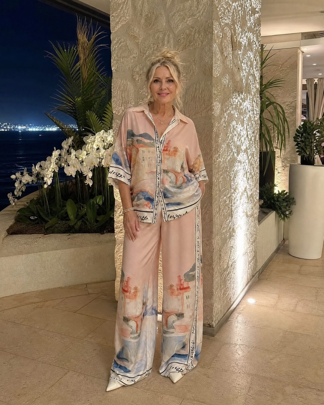 Lilabelle | Scenic Print Button Front Shirt And Wide Leg Pants Set