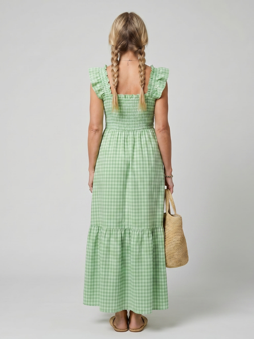 Sabdra | Sleeveless Square Neck Gingham Pattern Midi Dress