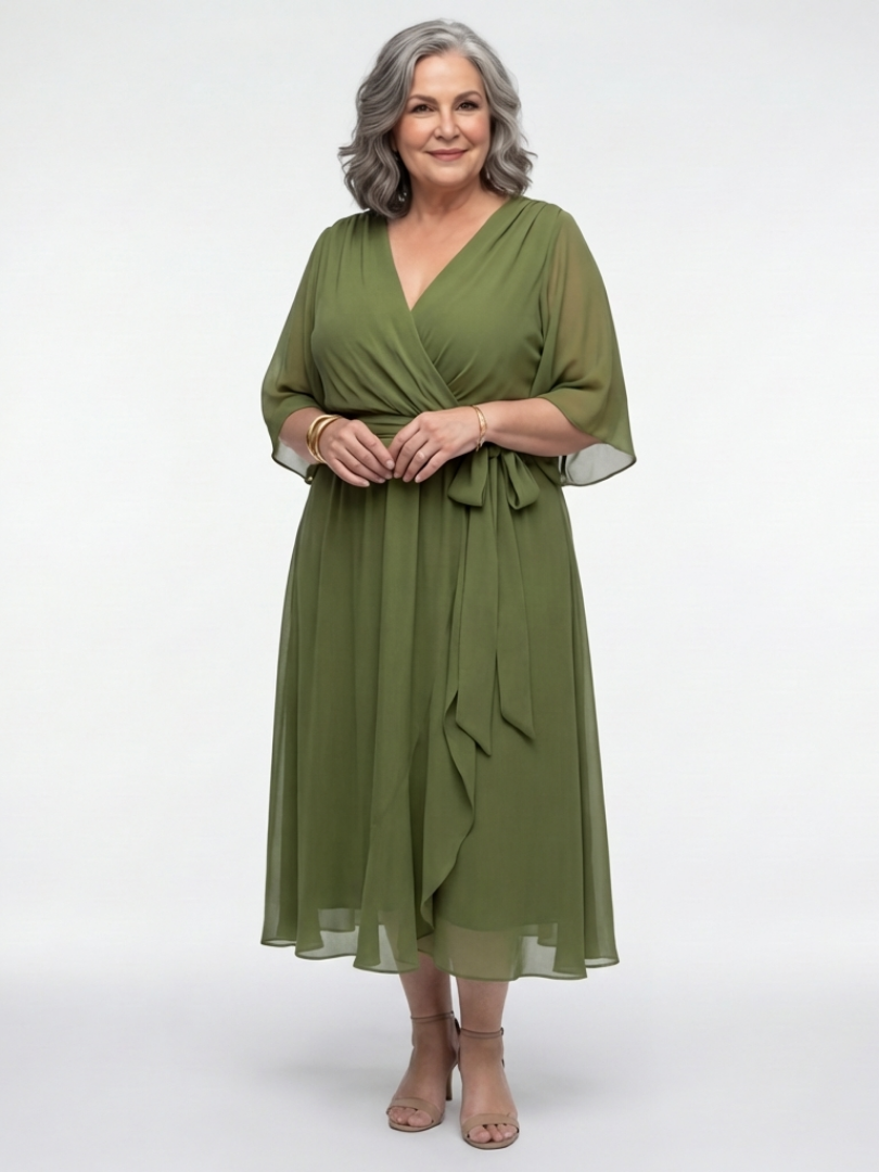 Mirmarie | V Neck Draped Waist Tie Midi Dress
