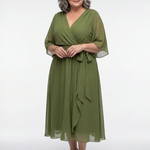 Mirmarie | V Neck Draped Waist Tie Midi Dress