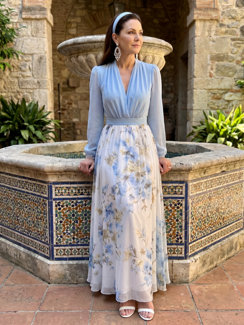 Tovabelle | V Neck Sheer Bodice Floral Maxi Dress