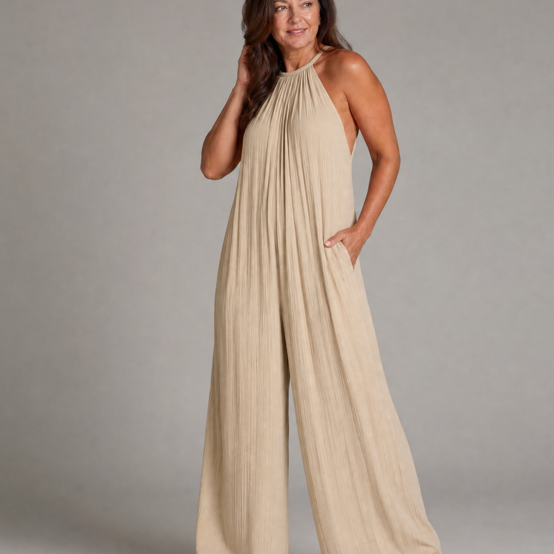 Gretabeth | Pleated Halter Neck Wide Leg Relaxed Jumpsuit