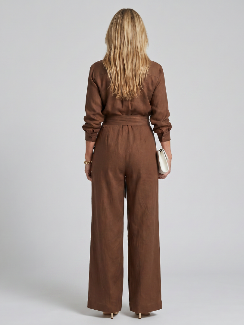 Marenney | Long Sleeve Button Front Wide Leg Jumpsuit