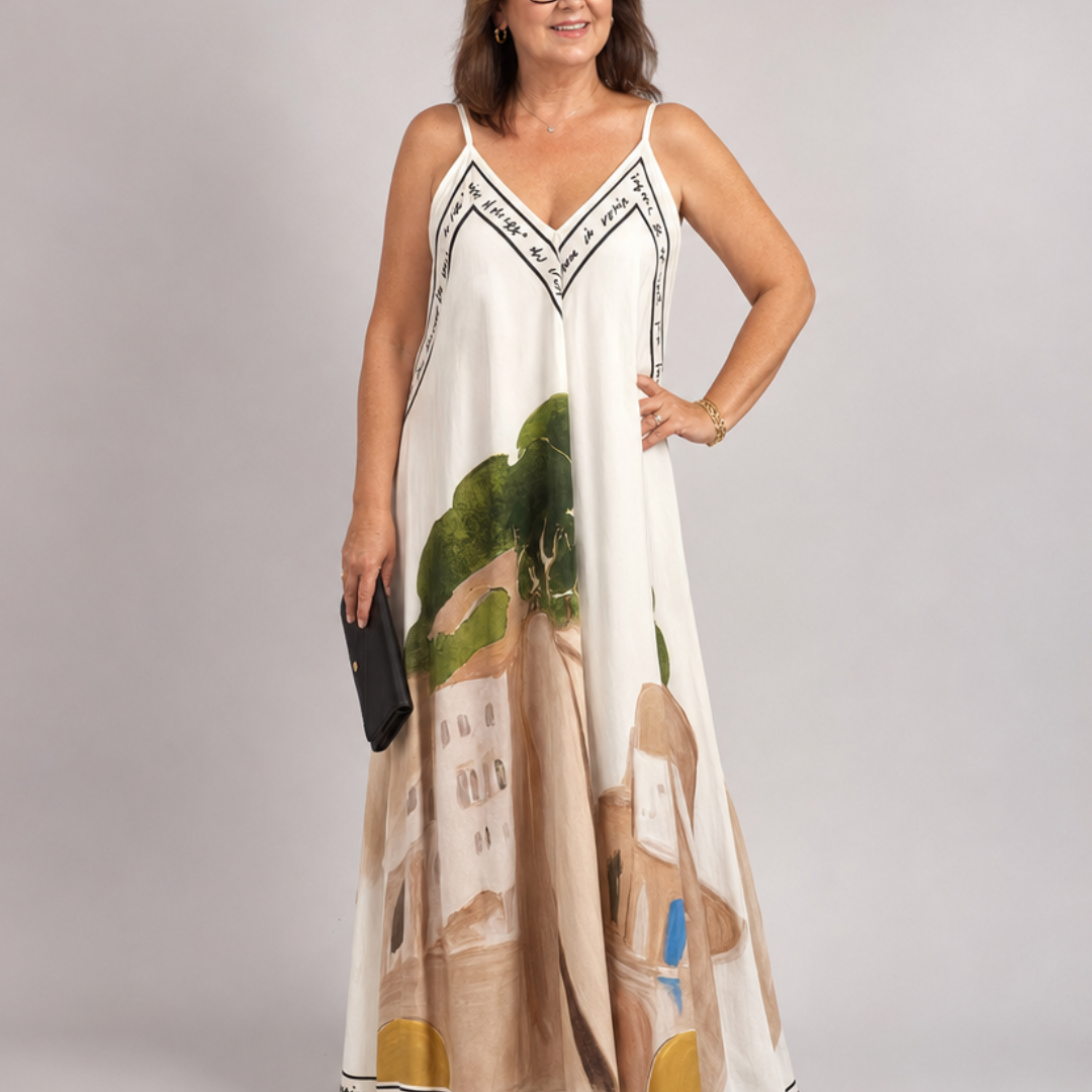 Caslyn | Scenic Print Sleeveless Flowing Midi Dress