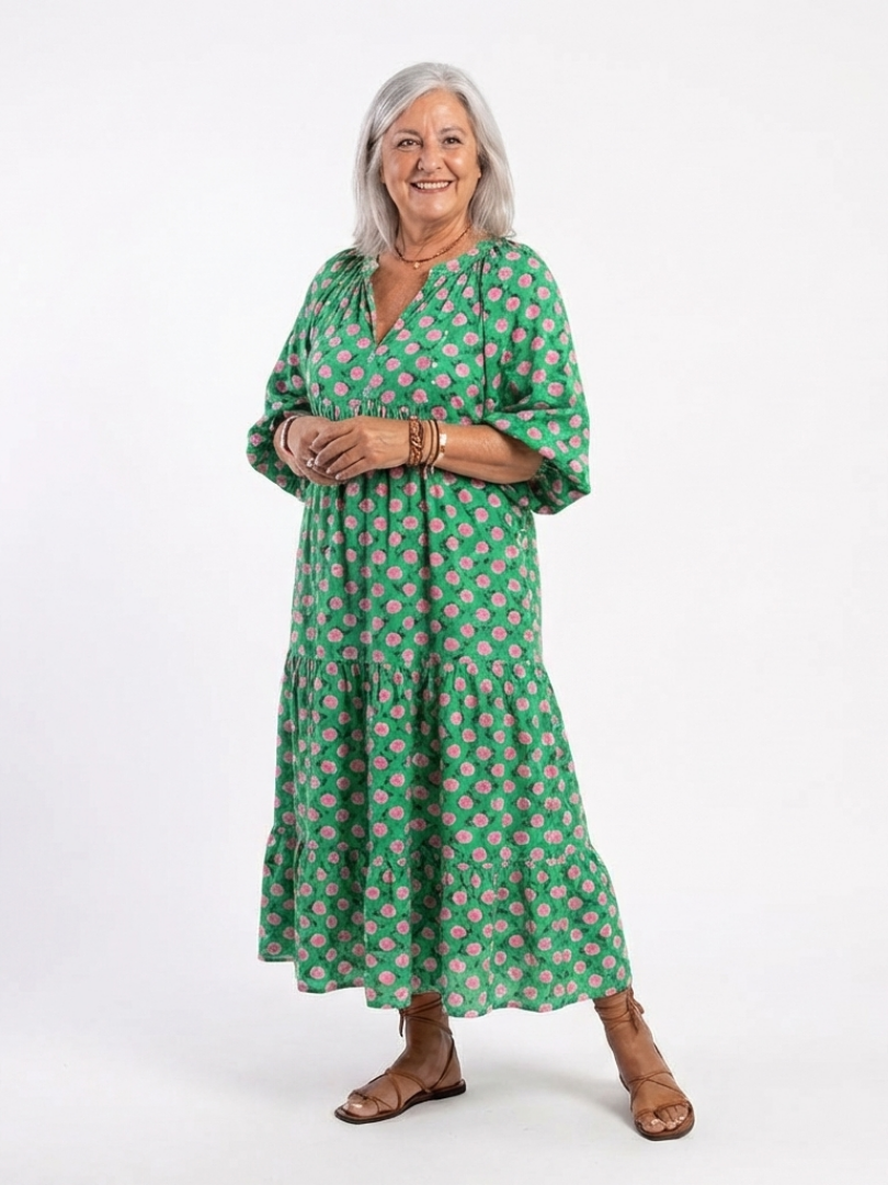 Tovada | Floral Print V Neck Tiered Midi Dress