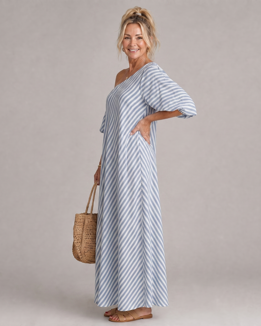 Faela | Striped Off Shoulder Puff Sleeve Midi Dress