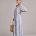 Faela | Striped Off Shoulder Puff Sleeve Midi Dress