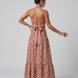 Vidarin | Cross Halter Geometric Print Cutout Midi Dress