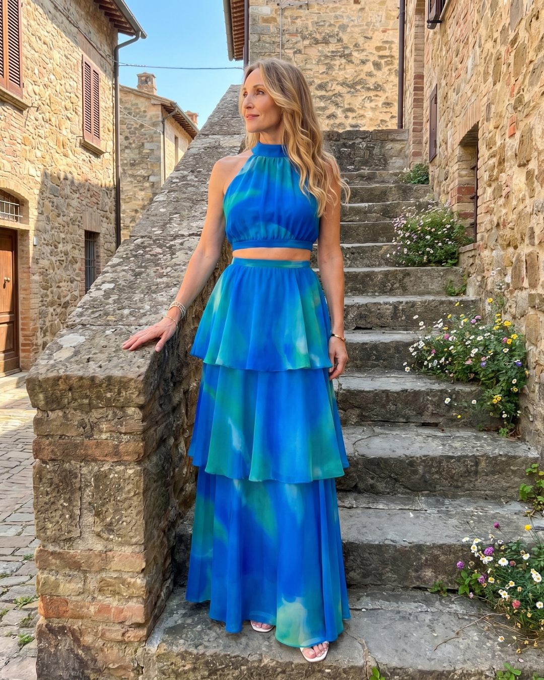 Vellora | Natural Floral Halter Cutout Tiered Maxi Dress
