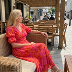 Lunrin | Puff Sleeve V Neck Bold Floral Print Midi Dress