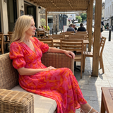 Lunrin | Puff Sleeve V Neck Bold Floral Print Midi Dress