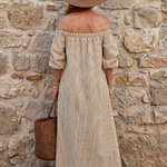 Orlarina | Off Shoulder Vertical Stripe Pattern Midi Dress