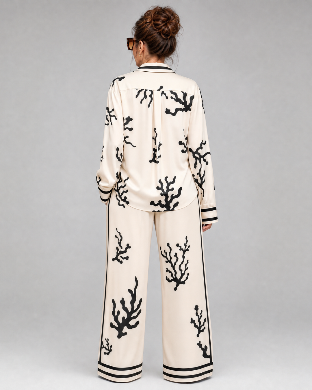 Calbeth | Abstract Coastal Print Shirt And Wide Leg Pants Set