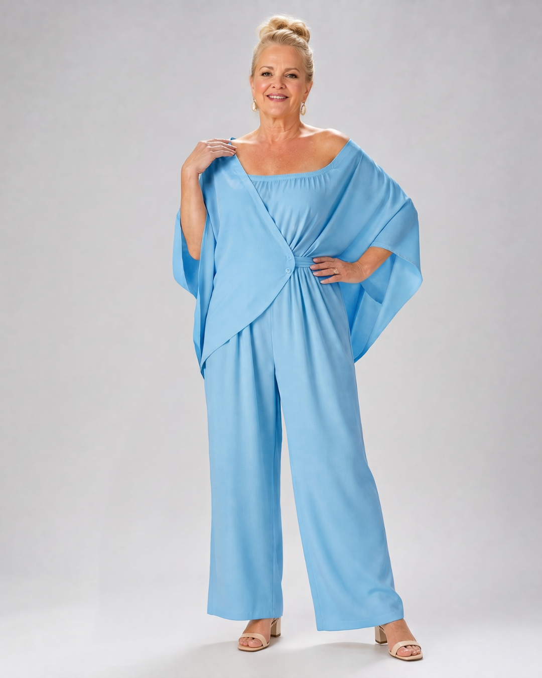 Nevsia | Draped Off Shoulder Top And Wide Leg Pants Set