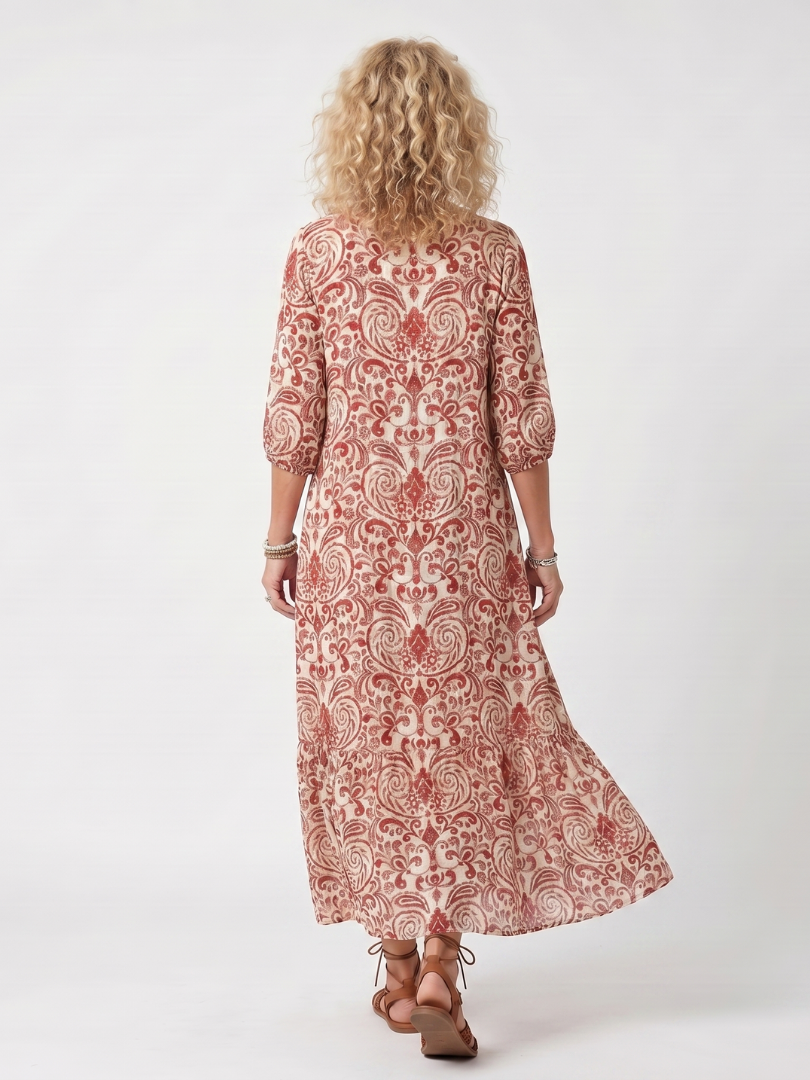 Penlette | Ornate Print Tassel Tie Midi Dress