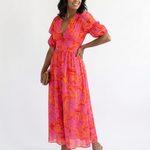 Gretasia | Floral V Neck Puff Sleeve Midi Dress