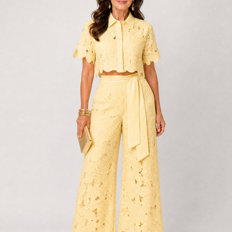 Elobelle | Lace Button Front Two Piece Pant Set