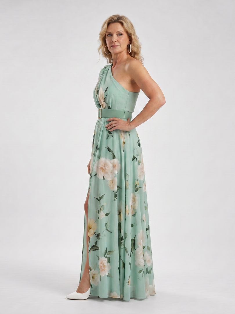 Dahina | Floral Print One Shoulder Belted Maxi Dress